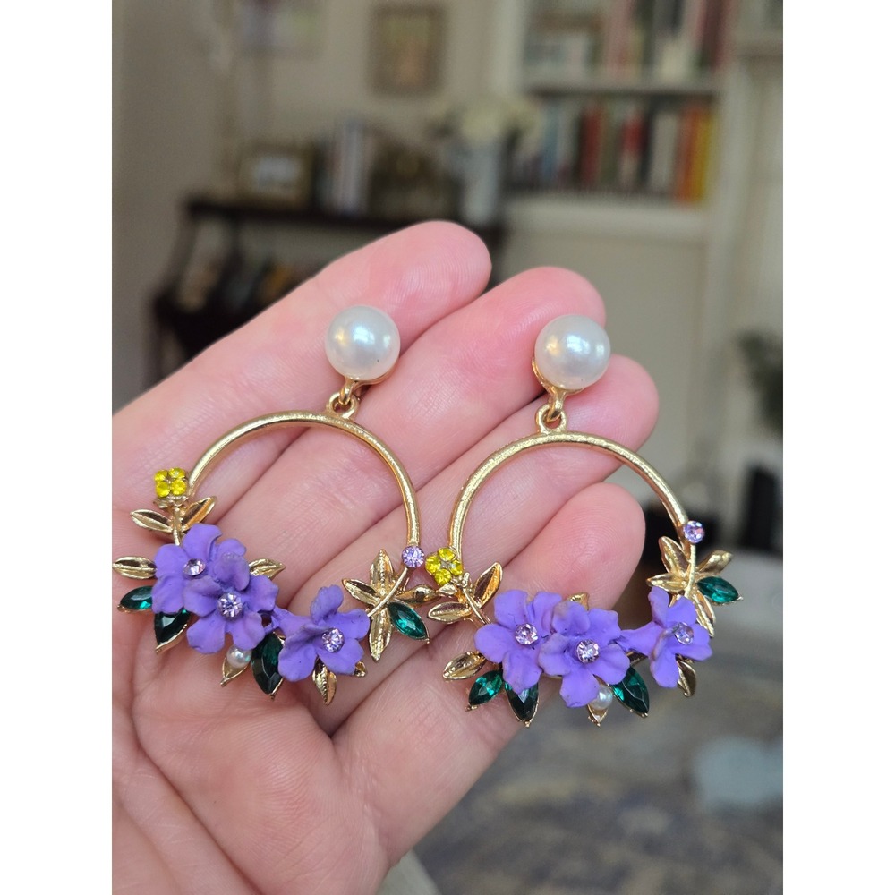Purple Crystal Pearl Floral Wreath Hoop Earrings Goldtone